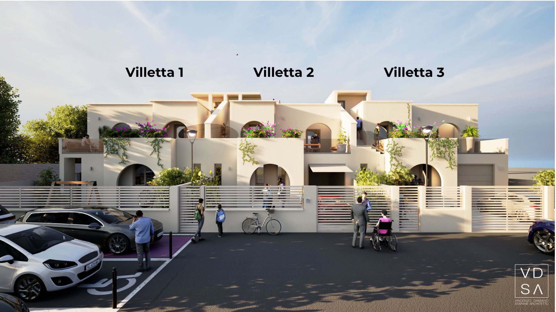 visuale frontale di tre villette nzeb