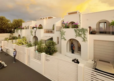 visuale laterale di 3 villette al tramonto